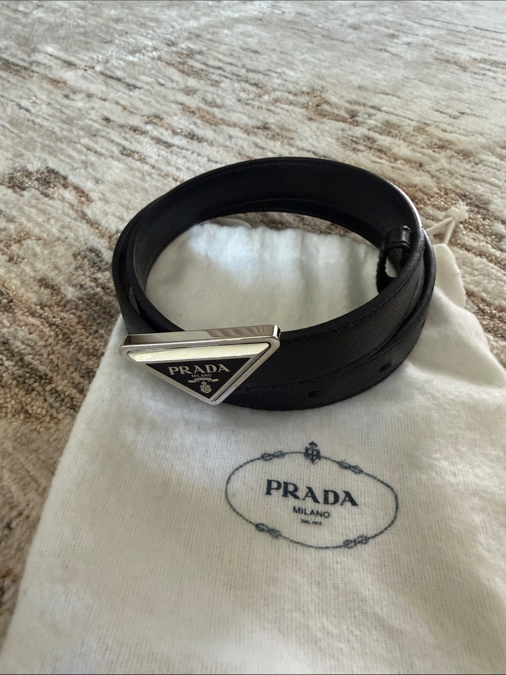 🔥 Prada Black Leather Belt with Triangle Logo Buckle 🔥